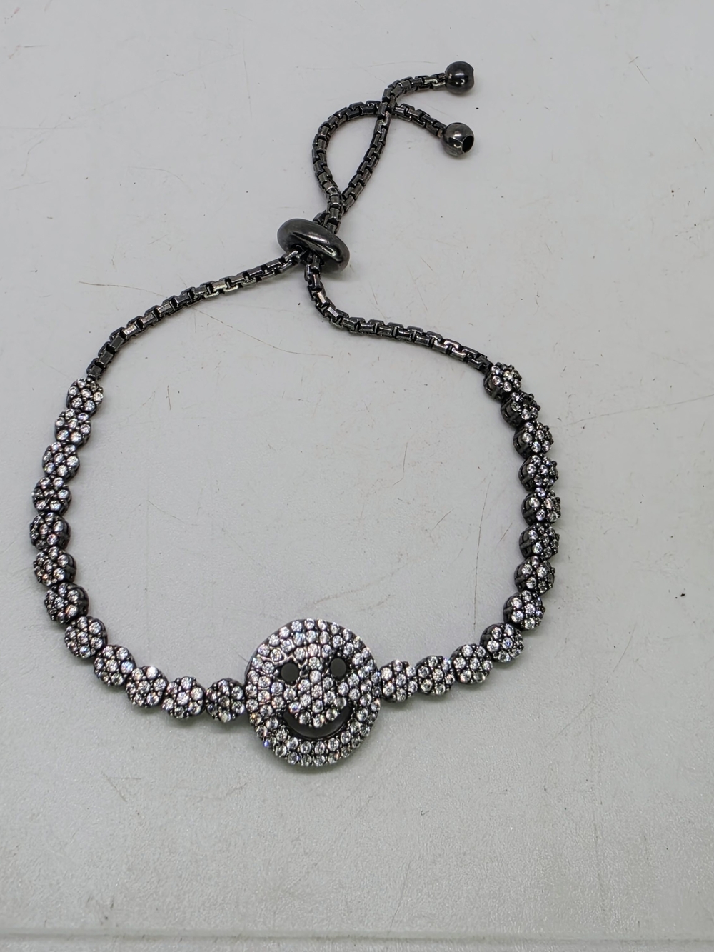 Vtg 90s Y2k Sterling Silver 925 CZ Smiley Face Box Chain Slide Bolo Bracelet